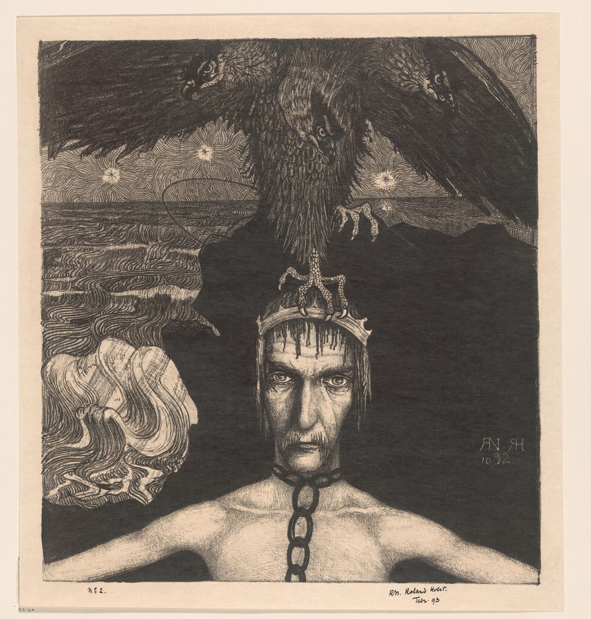 Geketteter Mann mit dreiköpfigem Raubvogel auf dem Kopf von Richard Nicolaüs Roland Holst (signed by artist)