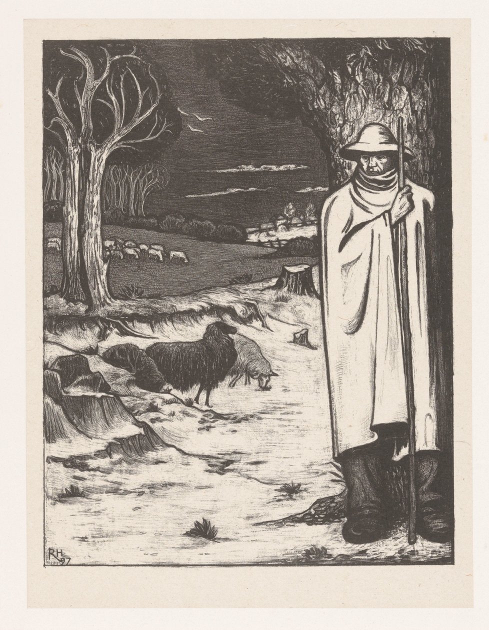 Hirte mit einer Schafherde in einer Hügellandschaft von Richard Nicolaüs Roland Holst