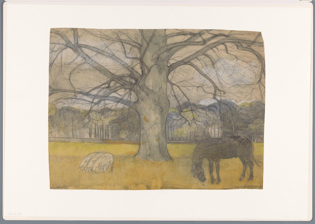 Kahle Buche auf einer Weide mit Schafen und einem Pferd von Richard Nicolaüs Roland Holst