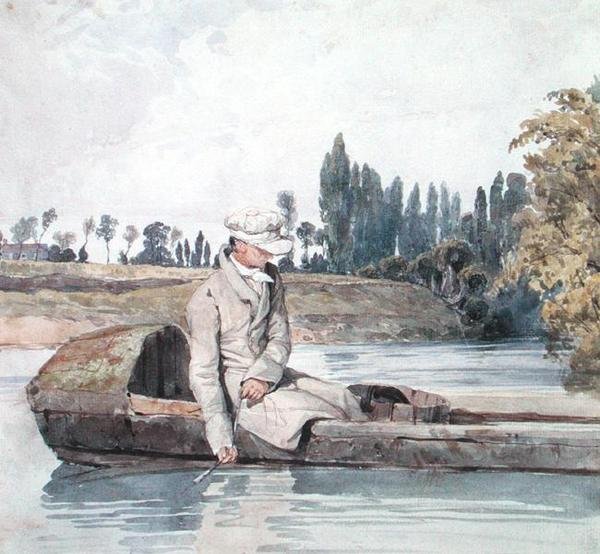 Ein Mann, der von einem Boot auf einem Fluss angelt von Richard Parkes Bonington