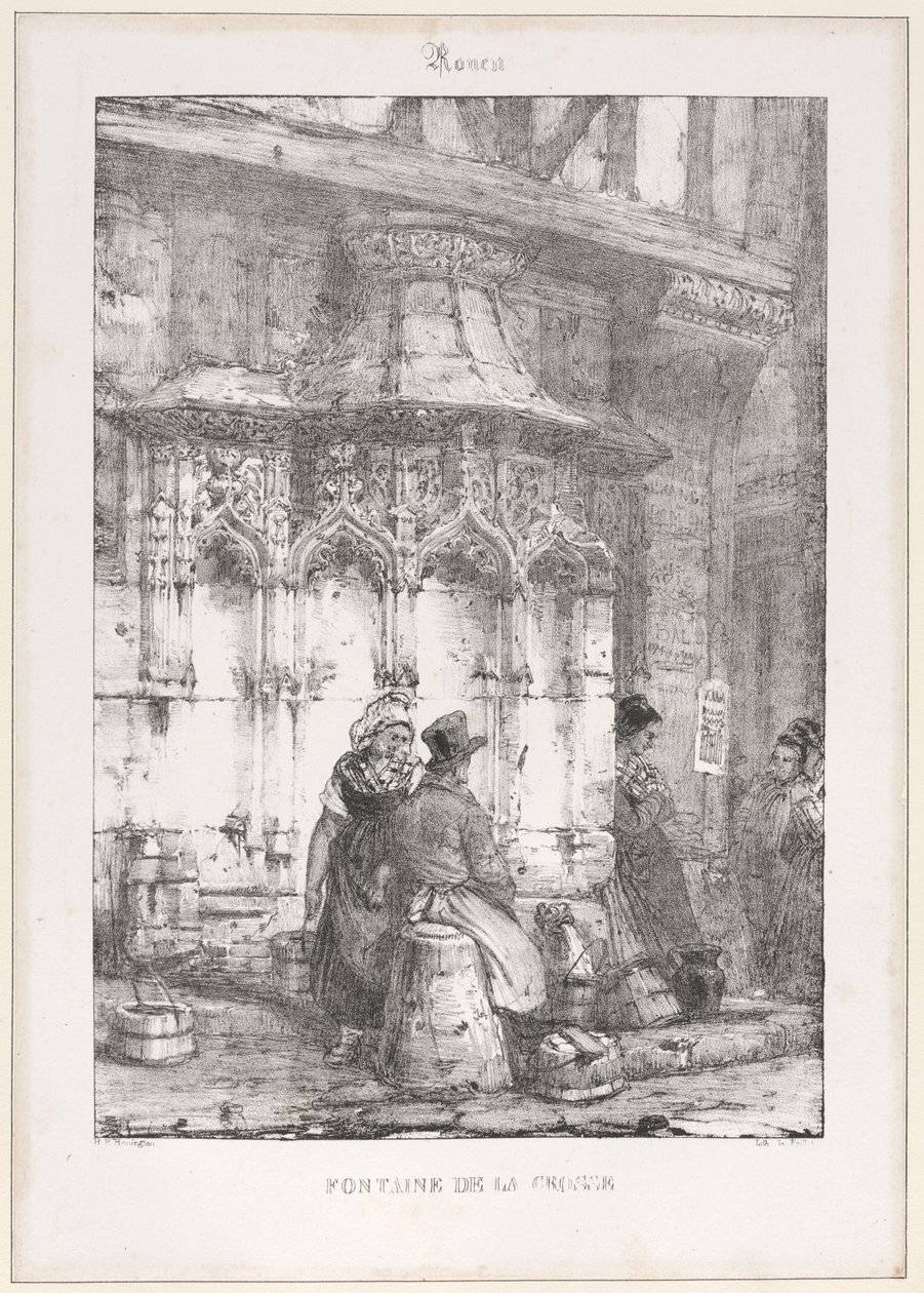 Architektonische Überreste und Fragmente: Rouen - Fontaine de la Crosse, 1827 von Richard Parkes Bonington