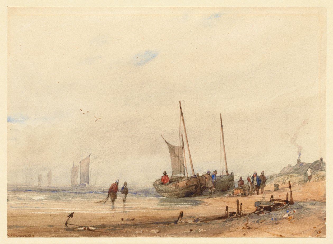 Küste mit gestrandeten Booten und Figuren von Richard Parkes Bonington