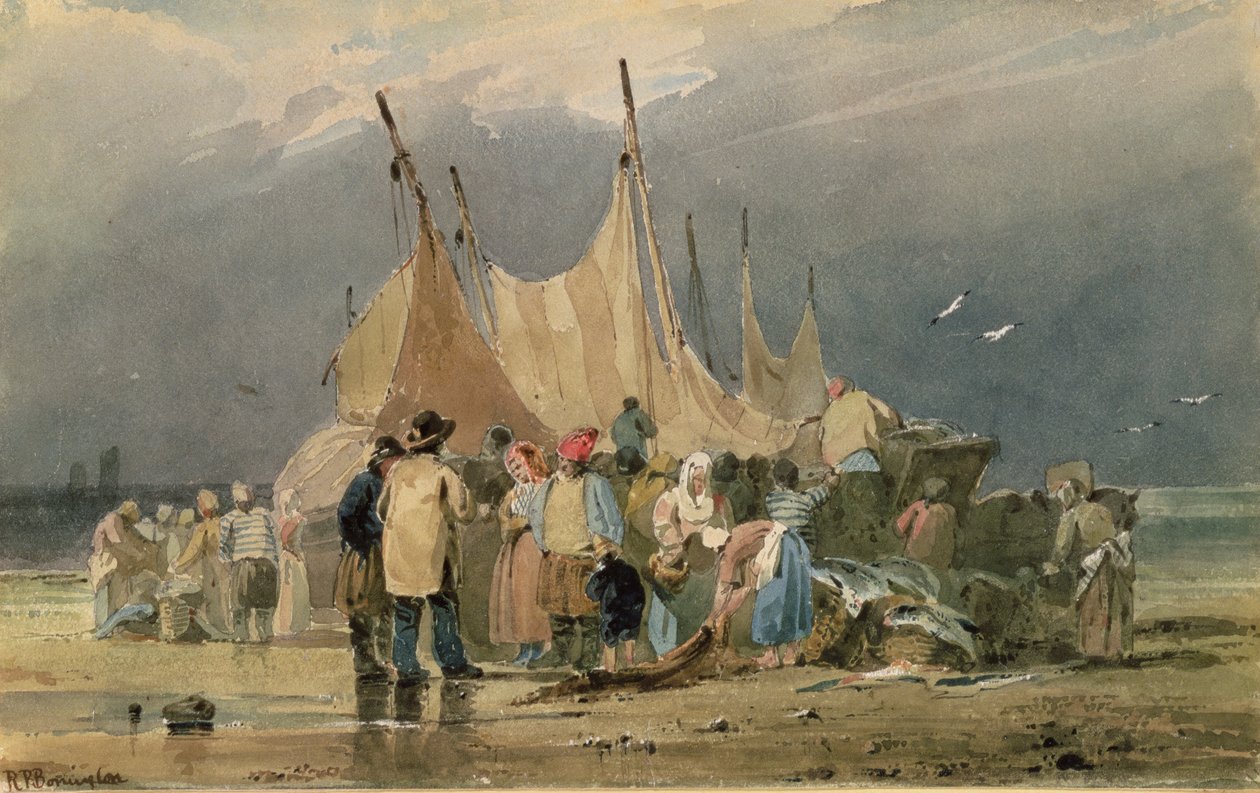 Fischerleute am Strand, ein Sturm zieht auf von Richard Parkes Bonington