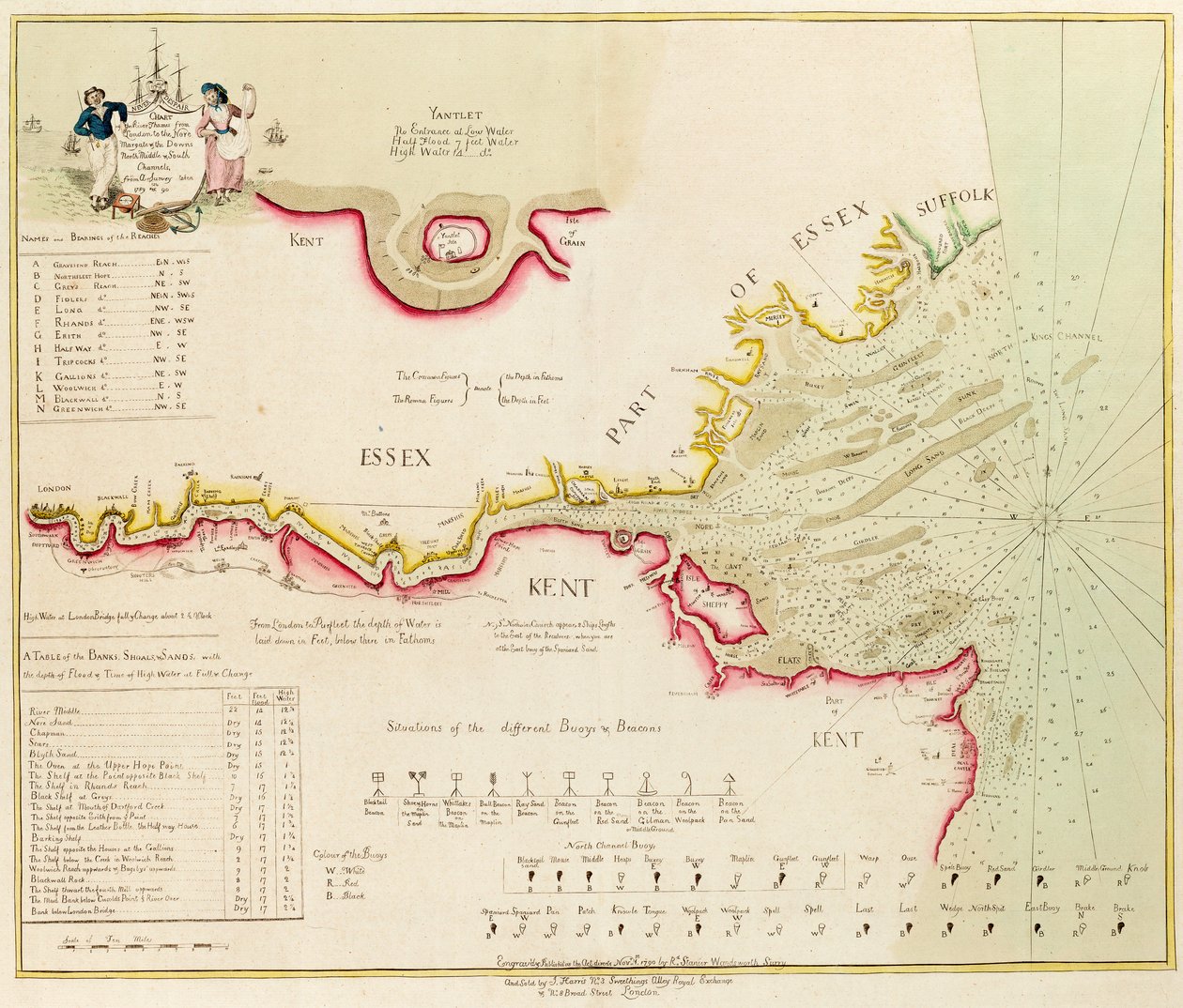 Karte des Flusses Themse von London bis zur Nore, Margate und den Downs, Nord-, Mittel- und Südkanäle, aus einer Vermessung von 1789 und 90 von Richard Stanier