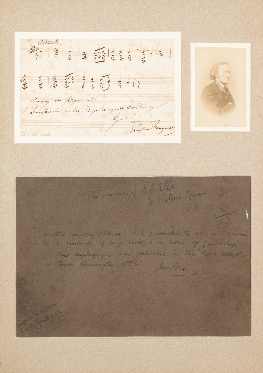Autographische Musiknotation montiert mit Carte-de-Visite-Fotografie von Wagner und einem Provenienzvermerk von Richard Wagner