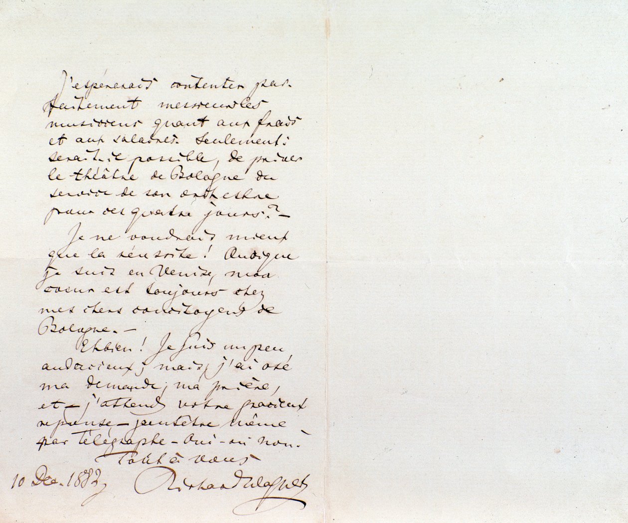 Handgeschriebener Brief von Richard Wagner an Luigi Mancinelli, 10. Dezember von Richard Wagner