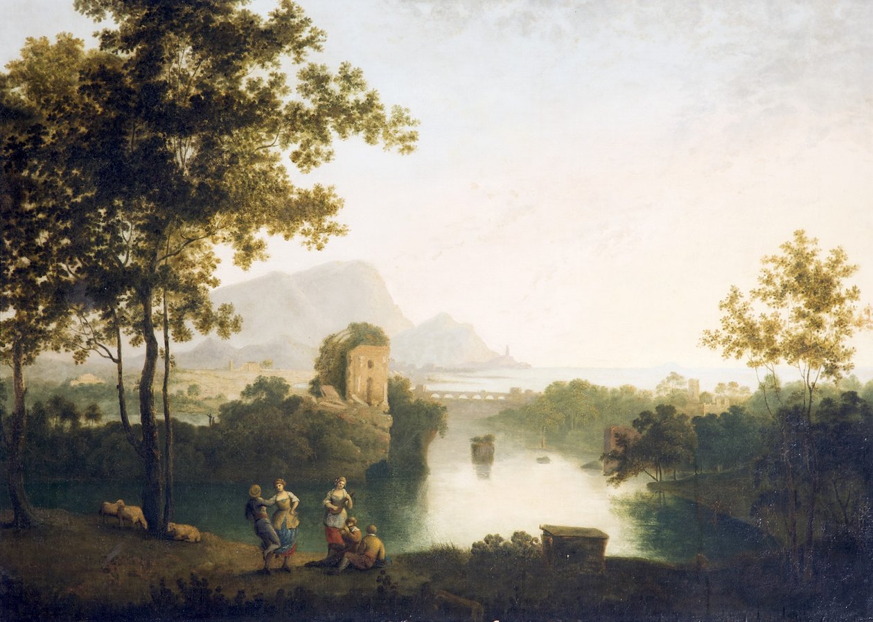 Abend an der Flussmündung mit tanzenden Bauern von Richard Wilson