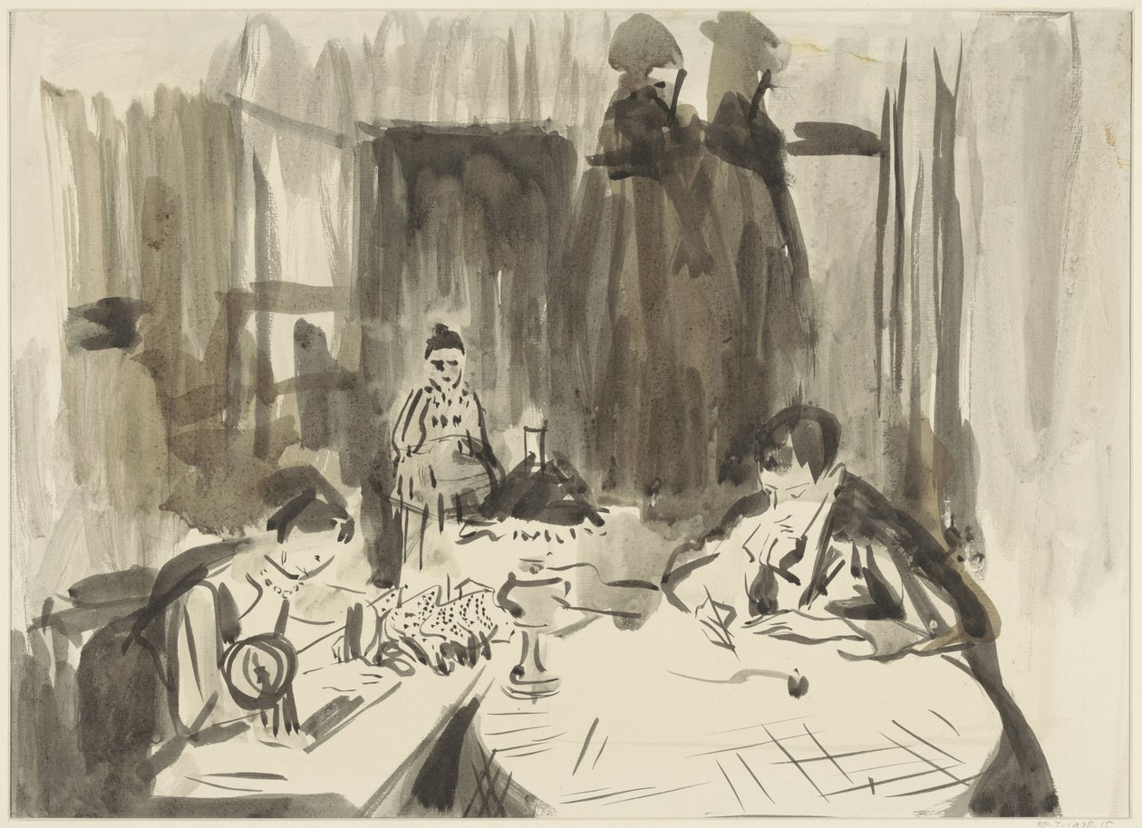 Interieur mit drei Figuren bei Lampenlicht von Rik Wouters