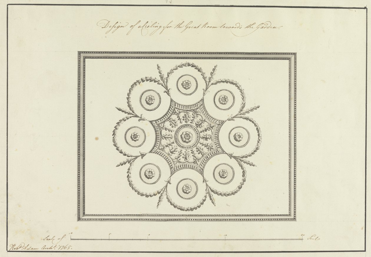 Entwurf für die Decke des Großen Saals, Langford House, 1765 von Robert Adam