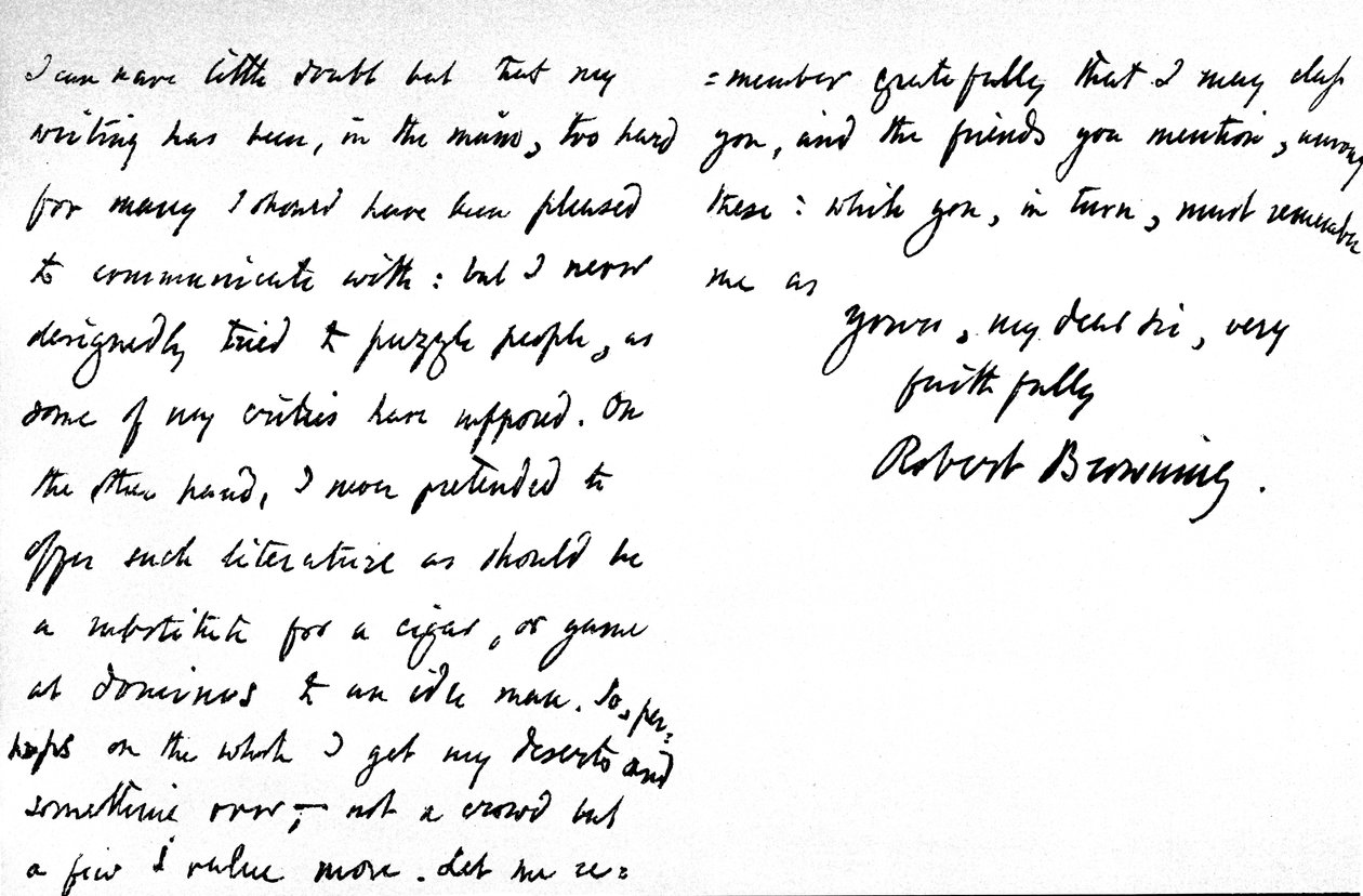 Brief an William G. Kingsland, betreffend die angebliche Unklarheit seiner Poesie und seines Schreibens, geschrieben in 19, Warwick Crescent, Upper Westbourne Terrace, London, 27. November 1868 von Robert Browning