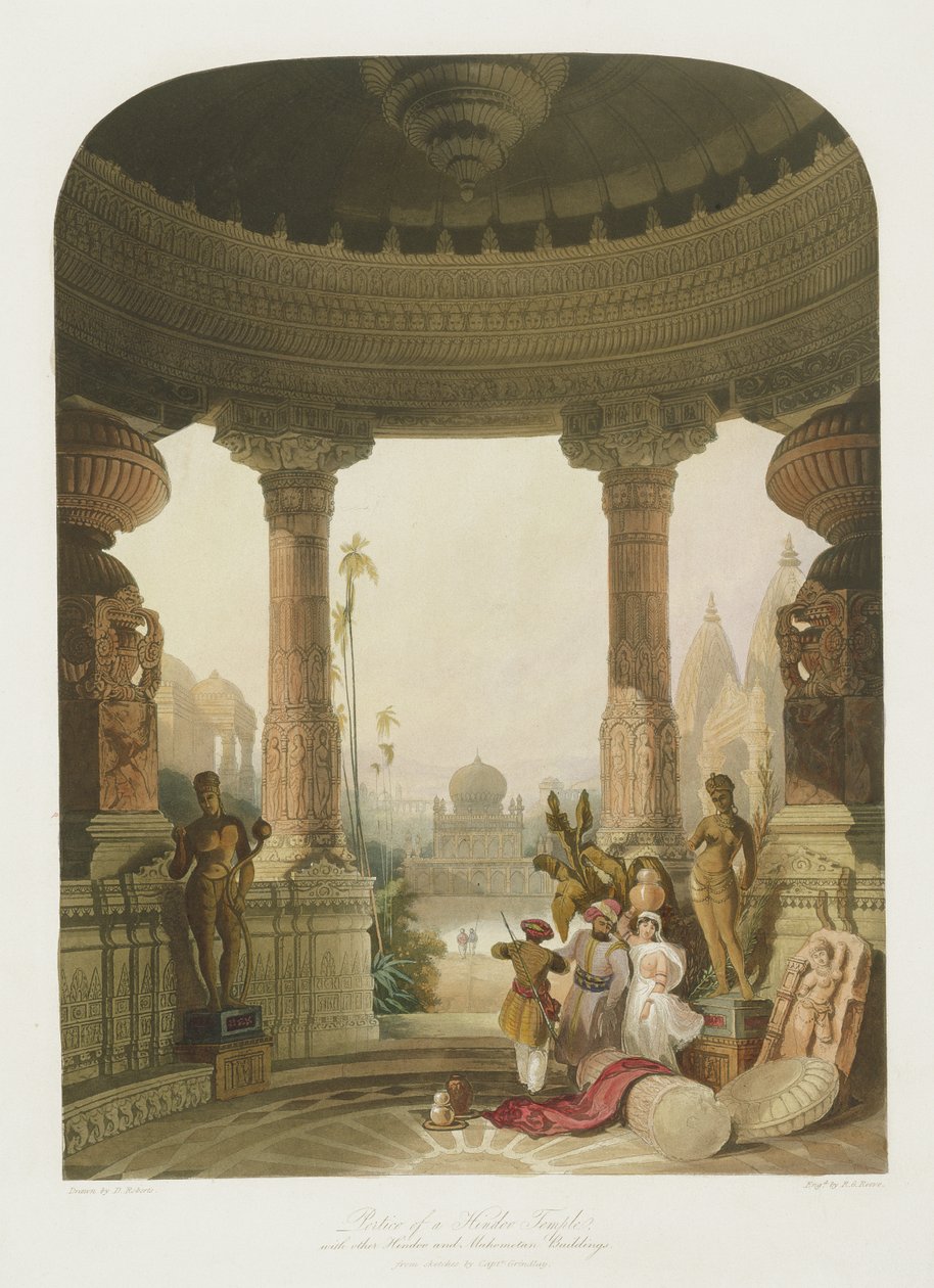 Portikus eines Hindutempels, mit anderen Hindu- und Mohammedanischen Gebäuden von Robert Melville Grindlay