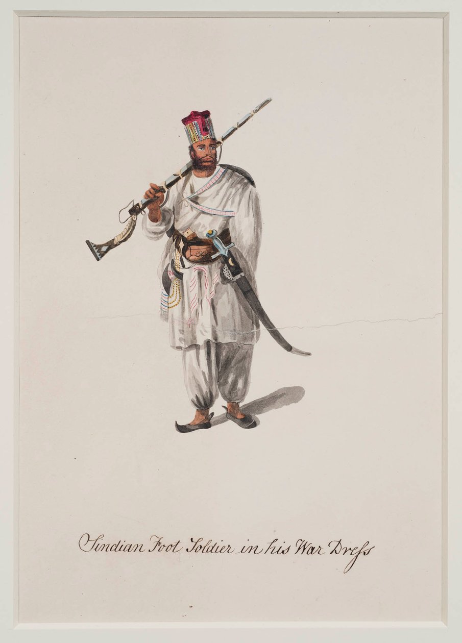 Sindianischer Fußsoldat in seiner Kriegskleidung, 1815 von Robert Melville Grindlay