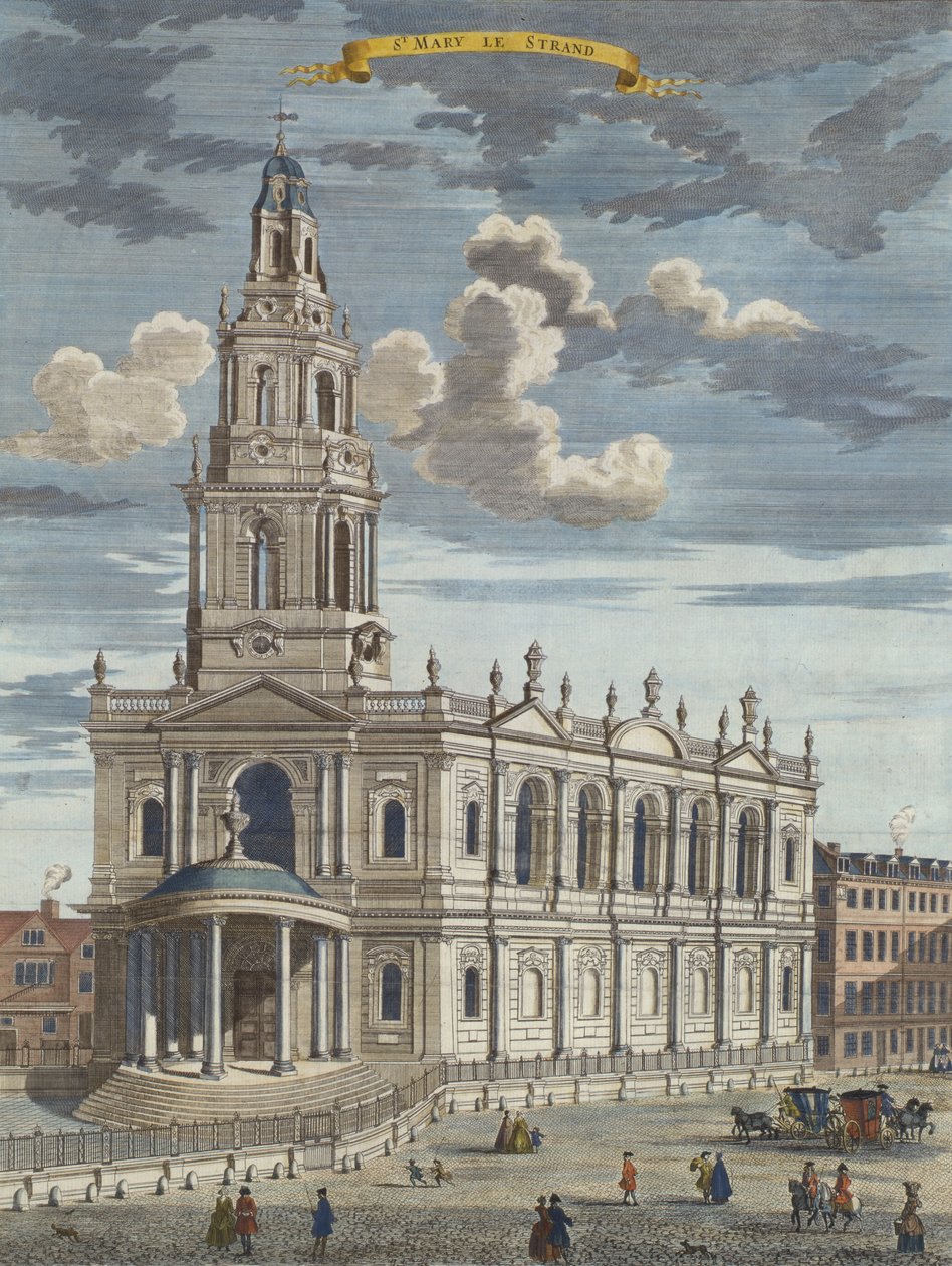 St. Mary le Strand, aus Ein Buch der Aussichten der bemerkenswerten Orte in und um die Stadt London, ca. 1700 von Robert Morden