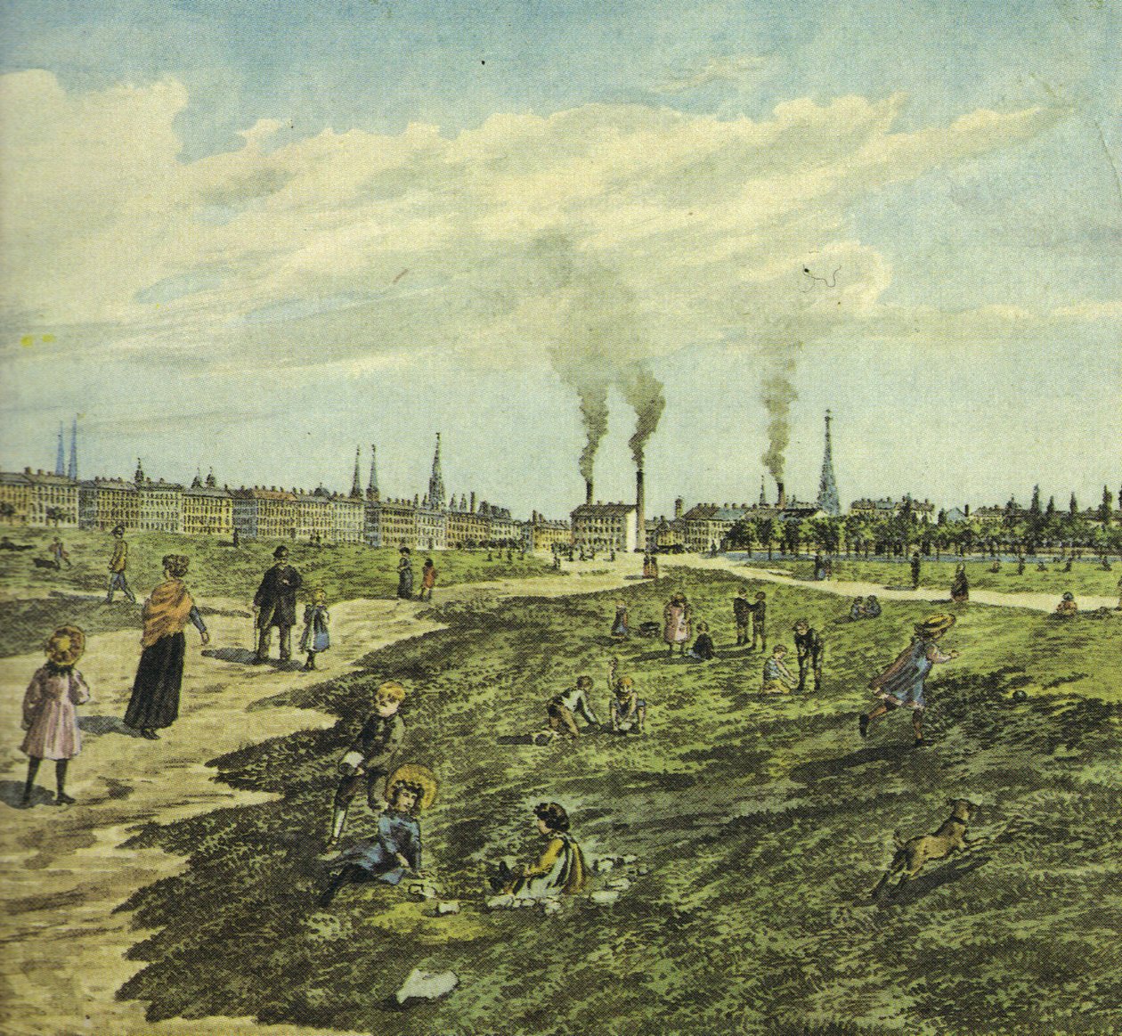 Die Schmelz als militärischer Übungsplatz und Ort zum Spielen und Spazieren. Blick nach Osten (Ausschnitt) von Robert Schediwy after painting by M.Neubauer
