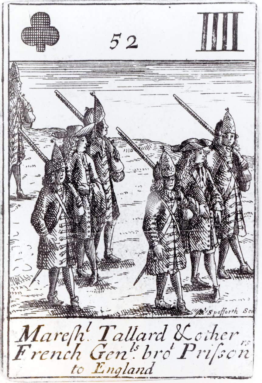 Marschall Tallard und andere französische Generäle als Gefangene nach England gebracht, vier der Kreuz-Bube Spielkarte aus einem Set zur Erinnerung an den Spanischen Erbfolgekrieg (1702-13) von Robert Spofforth