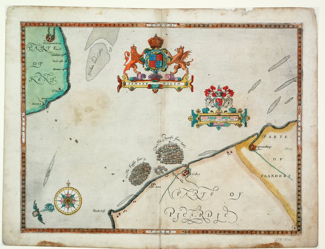 Dover nach Sandwich und Blacknerse nach Gravelines - Die spanische Armada und die englische Flotte vor Calais, um 1590 (Manuskript) von Robert (after) Adams