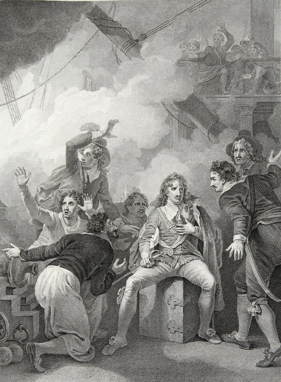 Earl Sandwich weigert sich, sein Schiff zu verlassen, während es in der Schlacht von Sole Bay brennt, graviert von W. Byrne, Illustration aus David Humes 