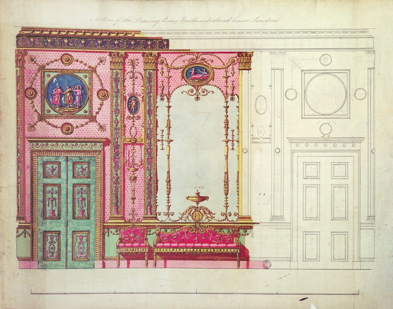 Teil des Salons, Northumberland House, London; Entwurf für die Endwand von Robert Adam