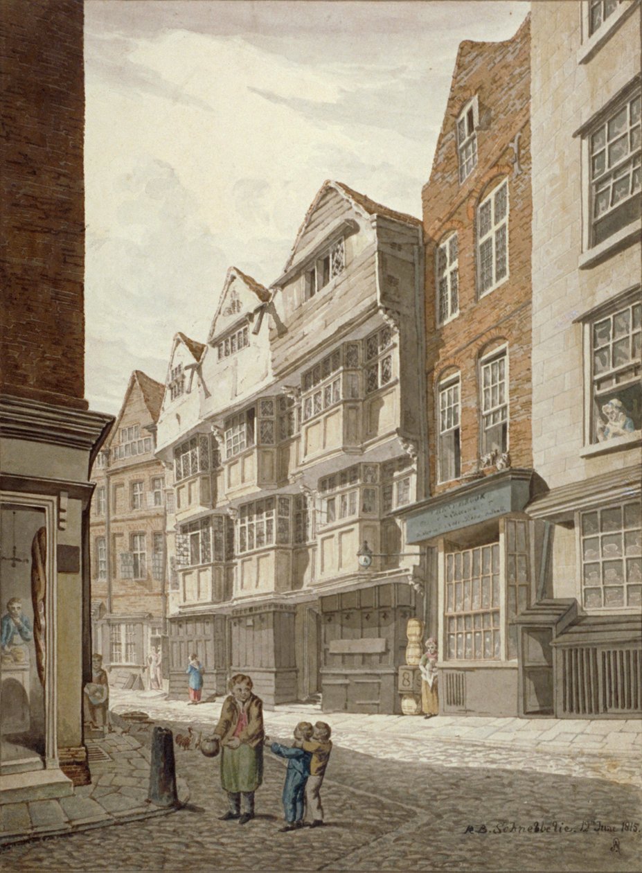 Südwestansicht eines alten Fachwerkhauses in Ship Yard, Westminster, London, 1815 von Robert Blemmell Schnebbelie