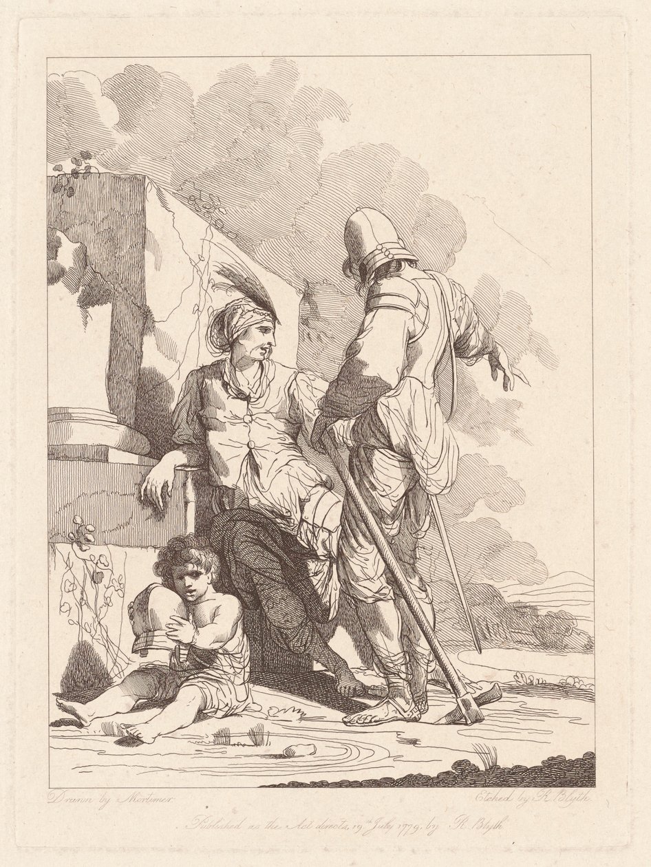 Zwei Soldaten und ein Kind, das einen Helm hält von Robert Blyth, after John Hamilton Mortimer