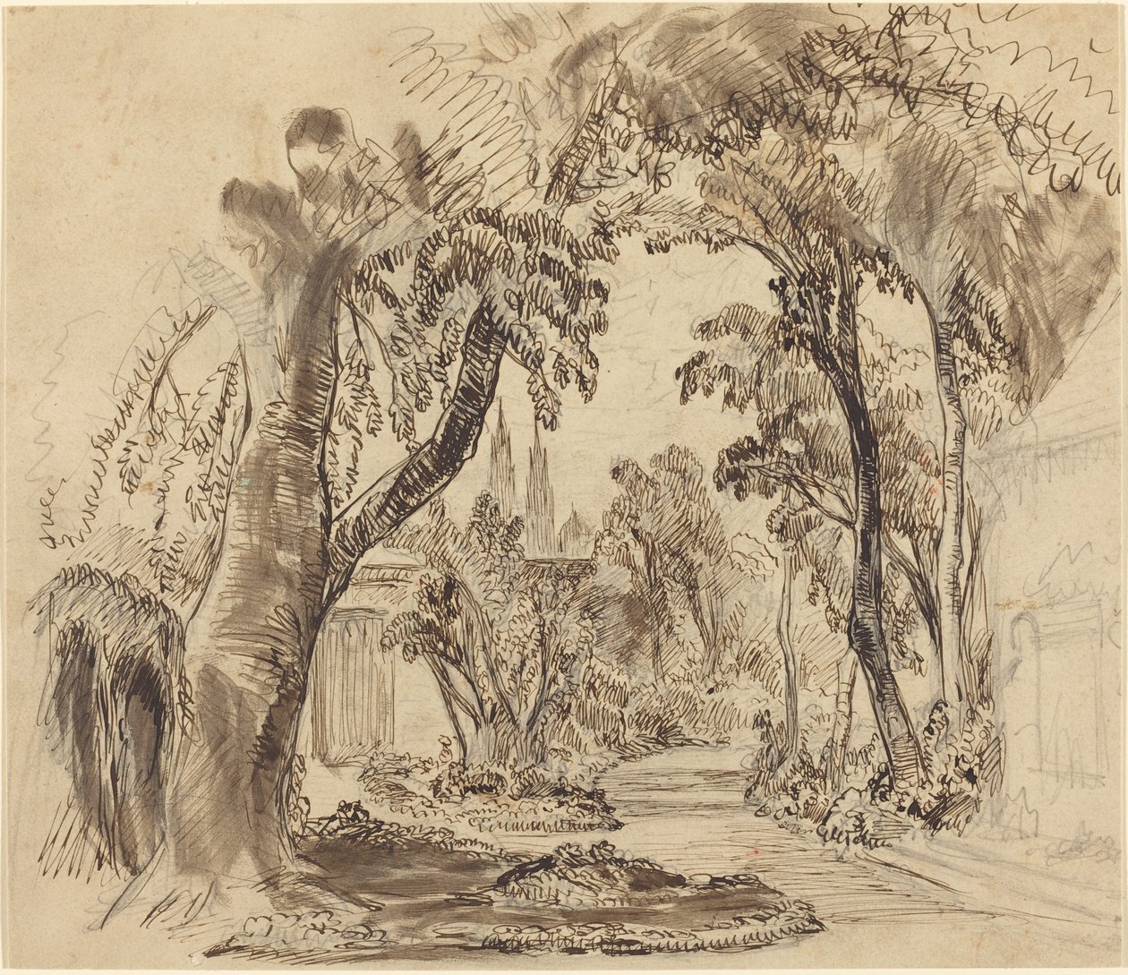 Ein von Bäumen gesäumter Gartenweg (Vorstudie für "Dornröschen und das Biest"?) von Robert Caney