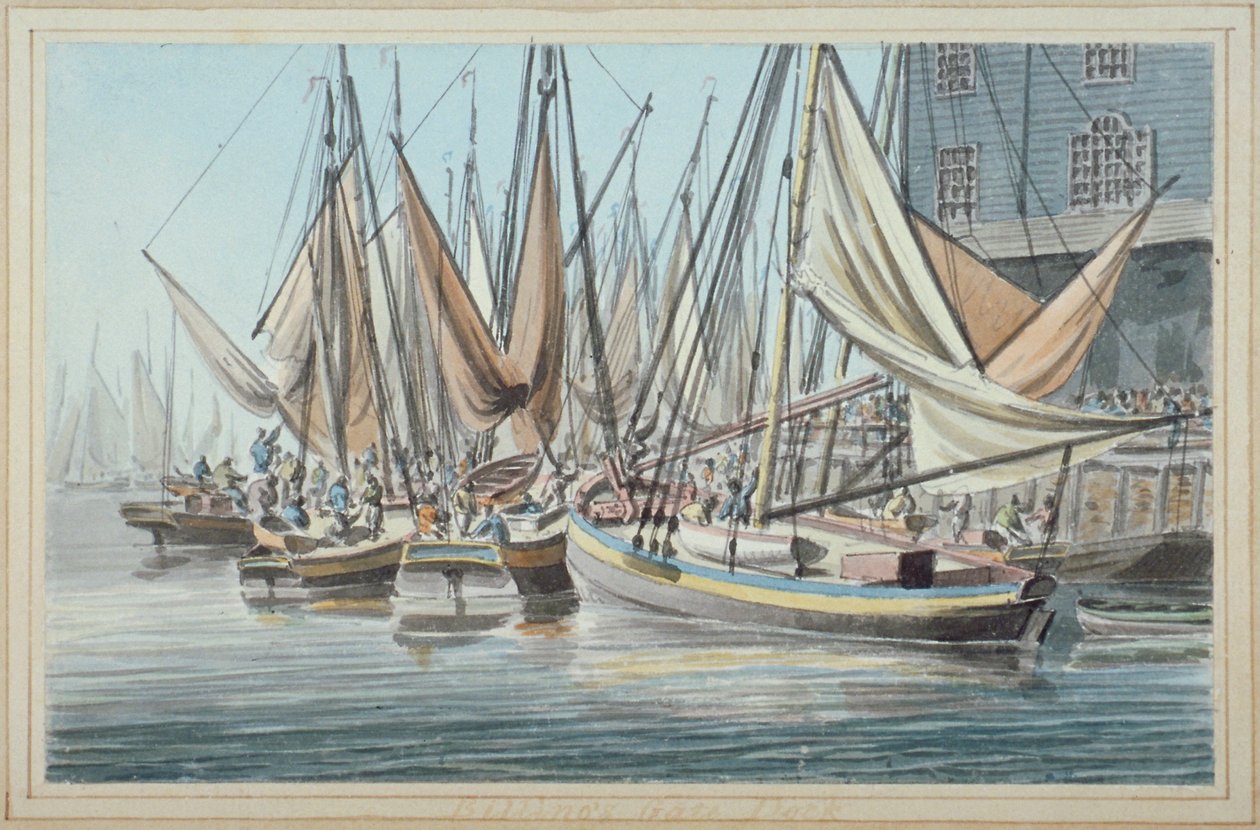 Ansicht von Billingsgate Wharf mit Booten auf dem Wasser, City of London, 1790 von Robert Clevely