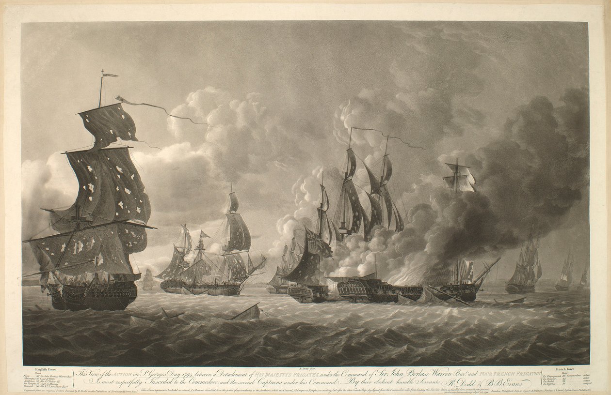 Diese Ansicht der Aktion am St. Georgstag 1794, zwischen einem Detachement von Seiner Majestät Fregatten, unter dem Kommando von Sir John Borlase Warren Baronet und vier französischen Fregatten von Robert Dodd