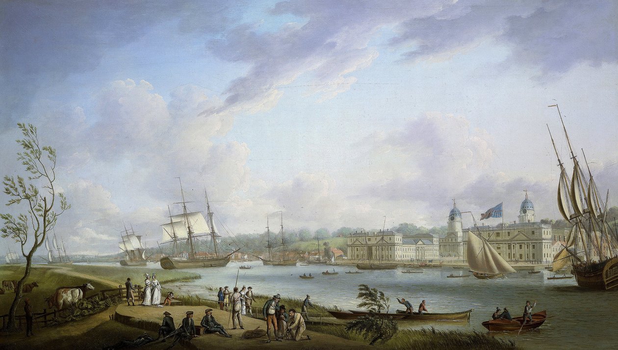 Ansicht von Greenwich, Beschreibung der Themse und der Aktivitäten an ihren Ufern sowie der Flussnavigation, abhängig von der Bedeutung der Gezeiten. Öl auf Leinwand von Robert Dodd