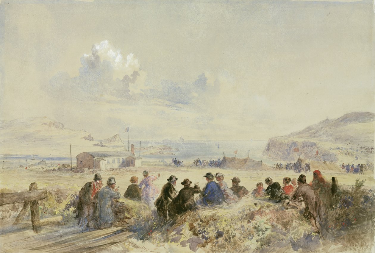 Beobachtung von Manövern von den Dünen, Foilhummerum Bay, Valentia, um 1865 von Robert Dudley