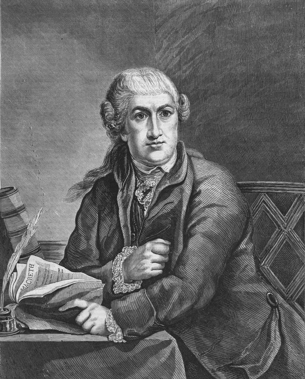 David Garrick britischer Schauspieler (1717 - 1779) studiert die Rolle von Shakespeares Macbeth; Gravur des 19. Jahrhunderts, basierend auf dem Gemälde von Robert-Edward Pine. Bianchetti-Sammlung von Robert Edge (after) Pine