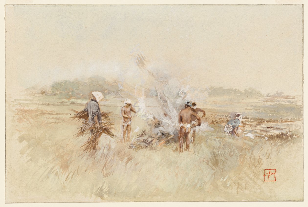 Bei der Arbeit, Bürsten auf schwelende Feuer häufend von Robert Frederick Blum