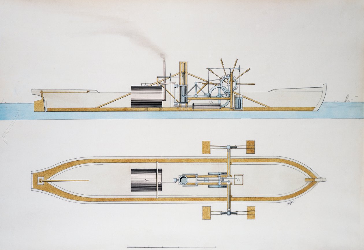 Dampfschiff entworfen von Robert Fulton, Aquarell, Vereinigte Staaten von Robert Fulton