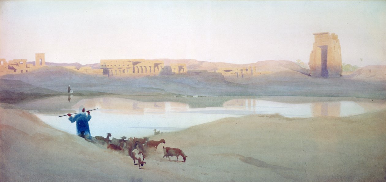 Der Heilige See, Karnak, um 1900. Aquarell. Ägypten Landschaft Wasser Ruinen Ziegenhirte von Robert George Talbot Kelly