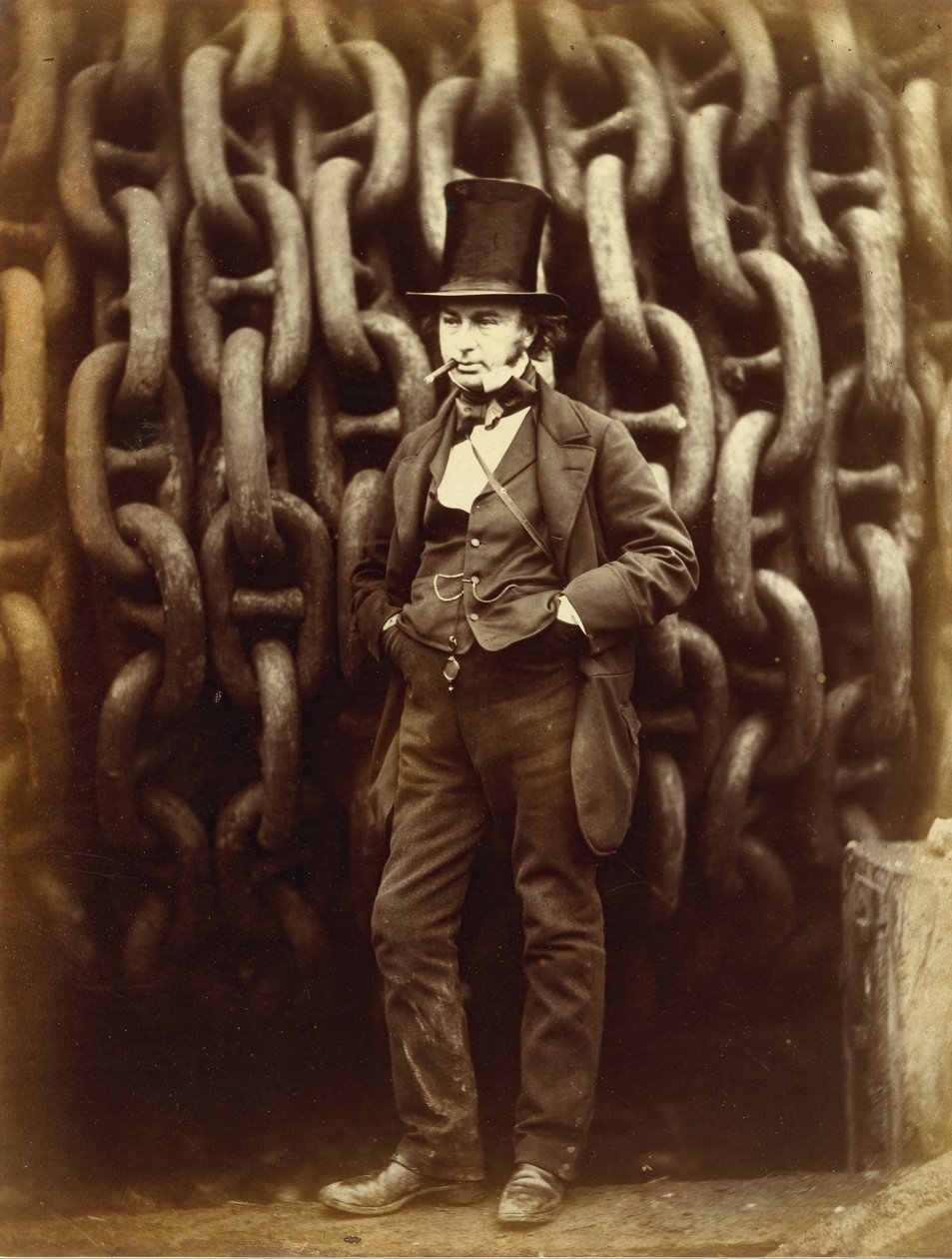 Isambard Kingdom Brunel vor den Startketten der Great Eastern stehend...gedruckt 1863-64 von Robert Howlett