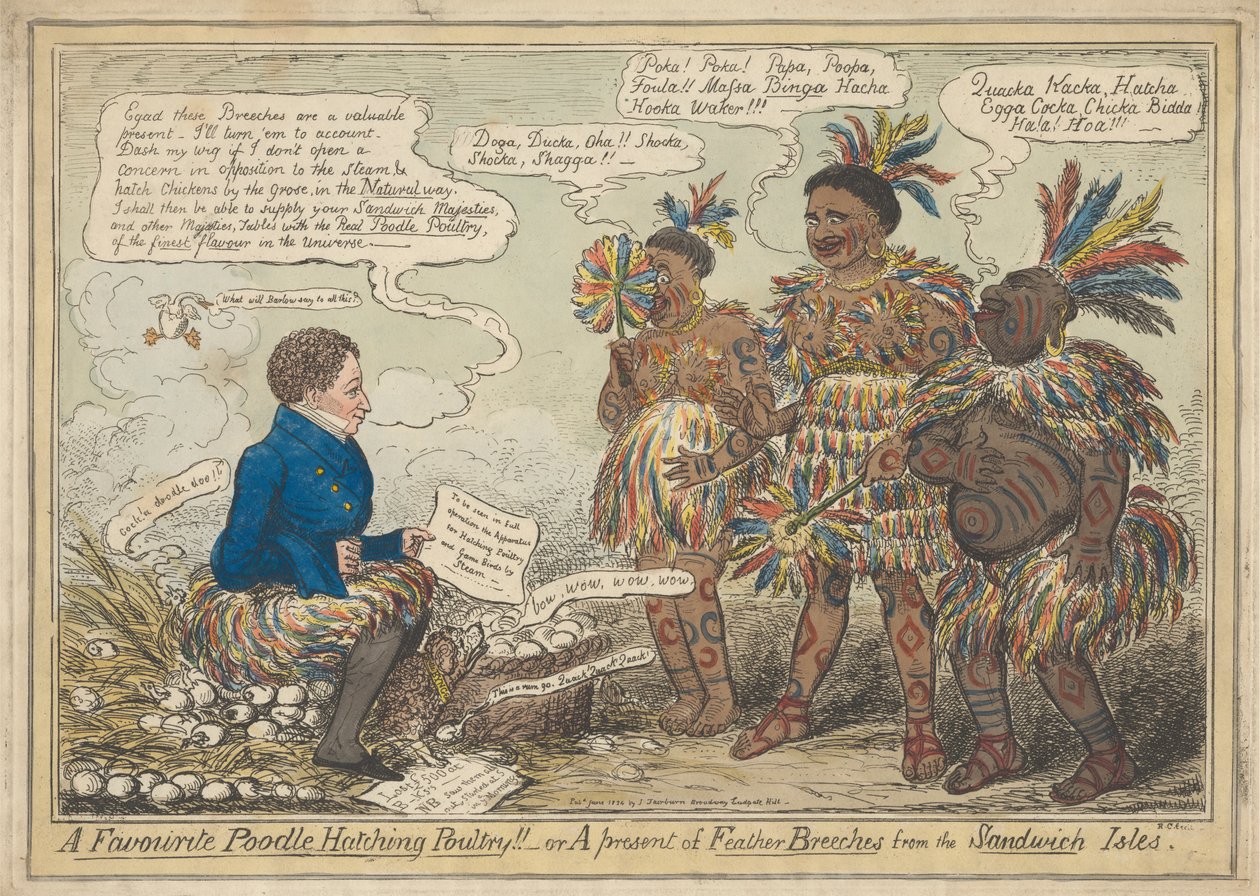 Ein Lieblingspudel brütet Geflügel aus!! - oder Ein Geschenk von Federhosen von den Sandwichinseln von Robert Isaac Cruikshank