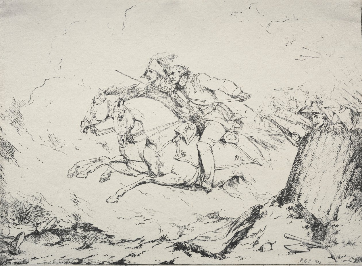 Beispiele der Polyautographie: Kavallerieangriff, 1803 von Robert Kerr Porter