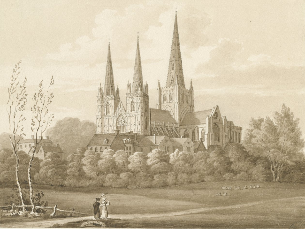 Lichfield Kathedrale - West-Südwest-Ansicht: Sepia-Zeichnung von Robert Noyes