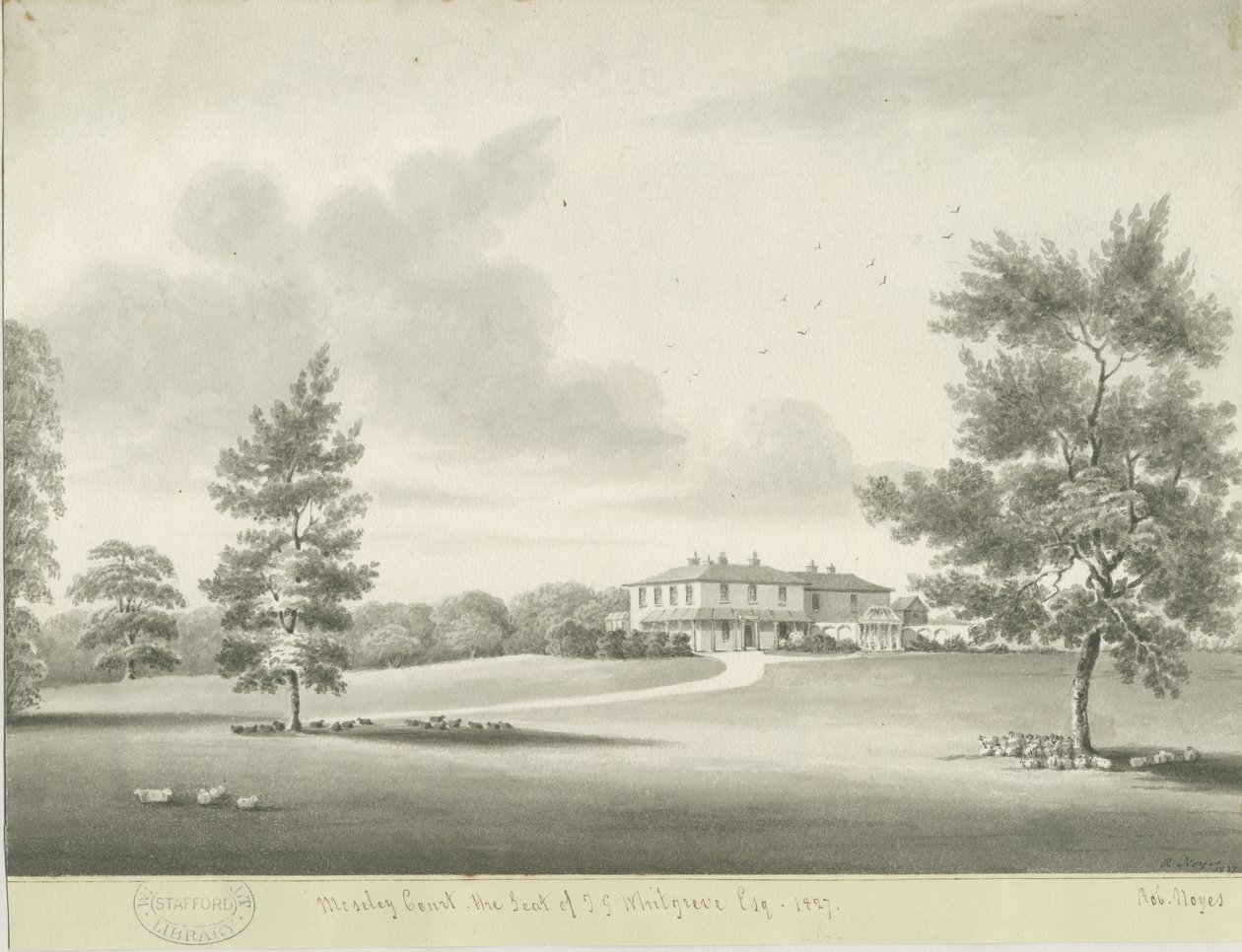 Moseley Court: Sepiawaschzeichnung, 1837 von Robert Noyes