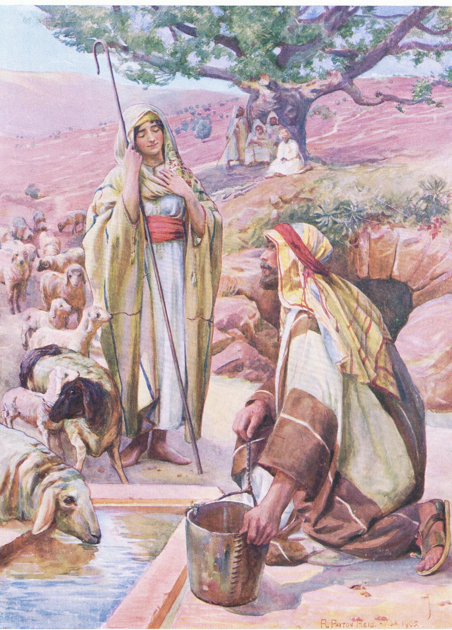 Rahel am Brunnen, aus Das Bibelbilderbuch, veröffentlicht von Thomas Nelson, ca. 1950 von Robert Payton Reid