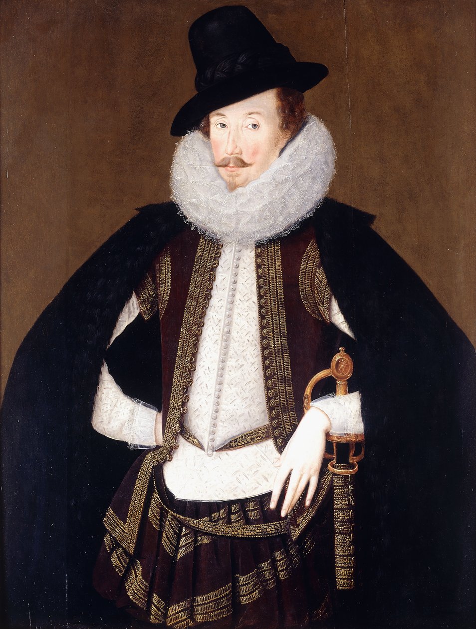 Porträt von Sir Charles Cornwallis in einem schwarz besetzten Mantel, weißem Wams und brauner, goldbestickter Weste von Robert Peake