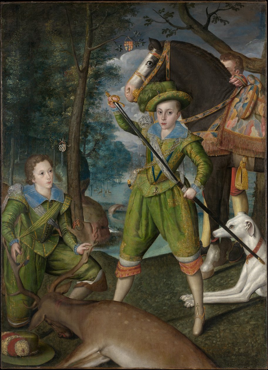 Henry Frederick (1594–1612), Prinz von Wales, mit Sir John Harington (1592–1614) im Jagdfeld von Robert Peake the elder