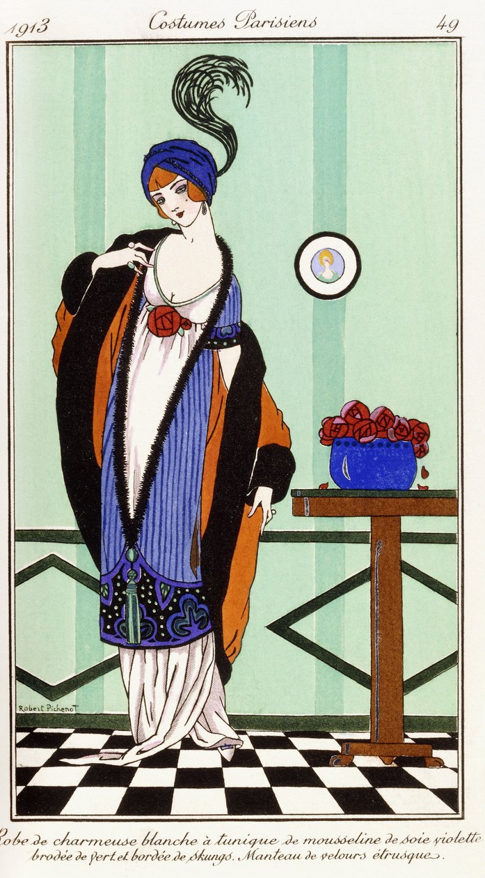 Pariser Kleidung: Weiße Charmeuse-Robe mit violetter bestickter Seidentunika von Robert Pichenot