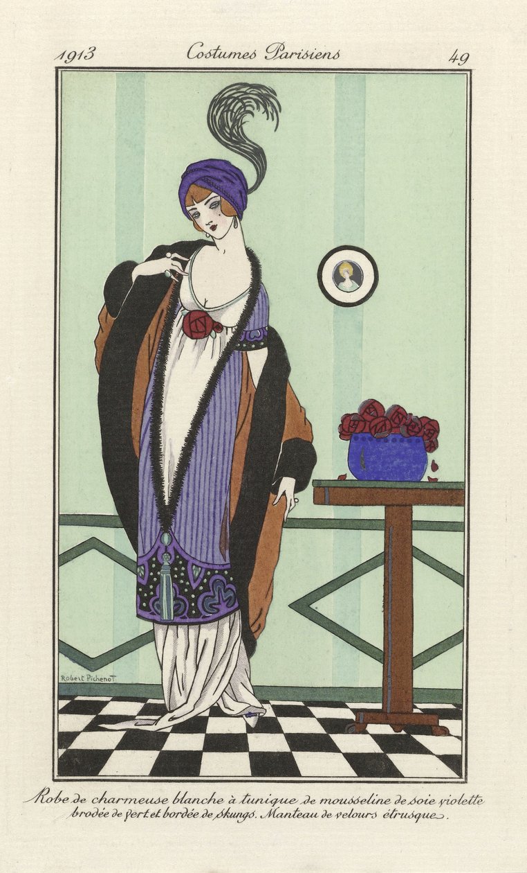 Robe de charmeuse blanche à tunique de mousseline de soie violette brodée de vert bordée de skungs. Manteau de velours étrusque, aus Costumes Parisiens, veröffentlicht 1913 von Robert Pichenot