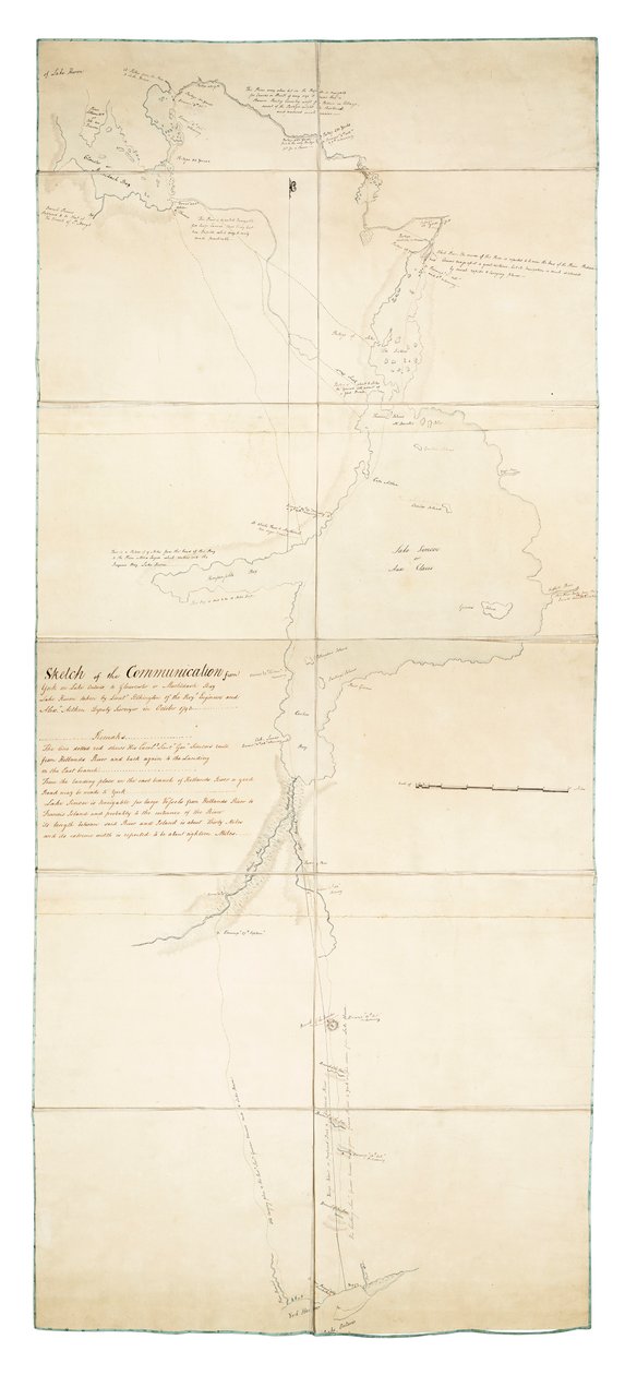 Skizze der Kommunikation von York am Ontariosee nach Glouscester [sic] oder Machidash Bay Lake Huron, aufgenommen von Leutnant Pilkington der königlichen Ingenieure und Alex.r Aitken stellvertretender Vermesser im Oktober 1793 von Robert Pilkington