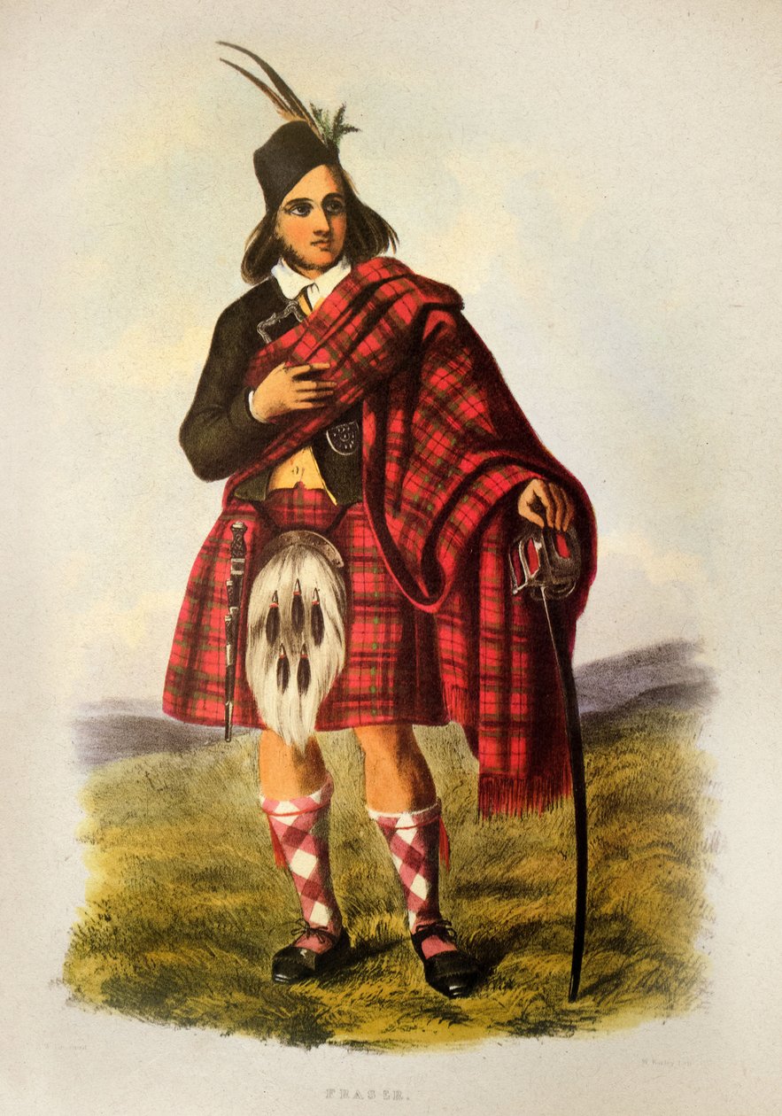 Ein Fraser-Krieger des schottischen Clans im Kilt - Lithographie von Robert Ronald McIAN aus "The Clans of The Scottish Highlands" 1845 von Robert Ronald McIan