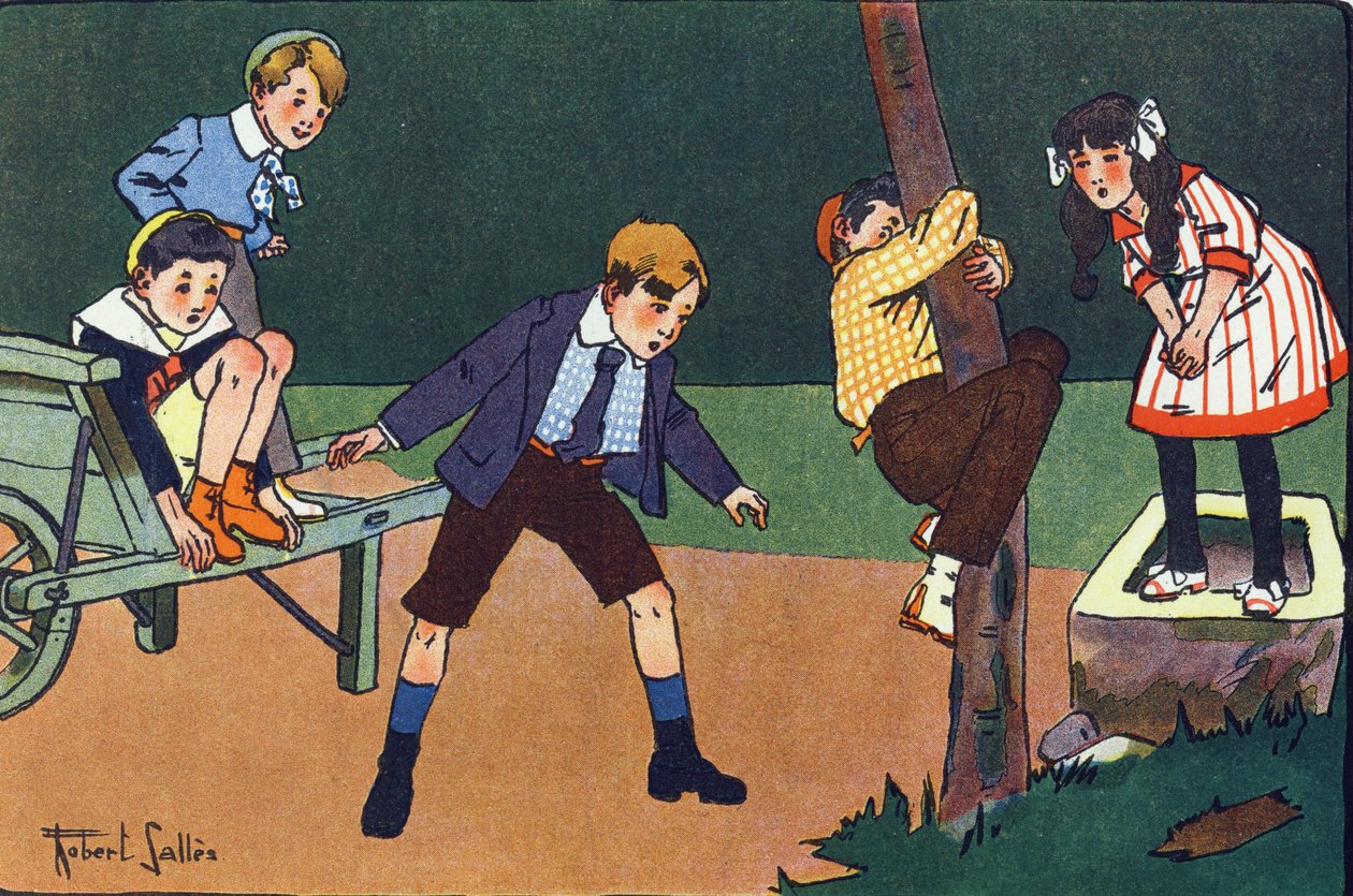 Eine Katze auf der Stange. Gravur in „Was spielen wir?“ von E. Weber mit Aquarellzeichnungen von Robert Salles (1871-1929). Librairie Garnier Freres, Paris von Robert Salles