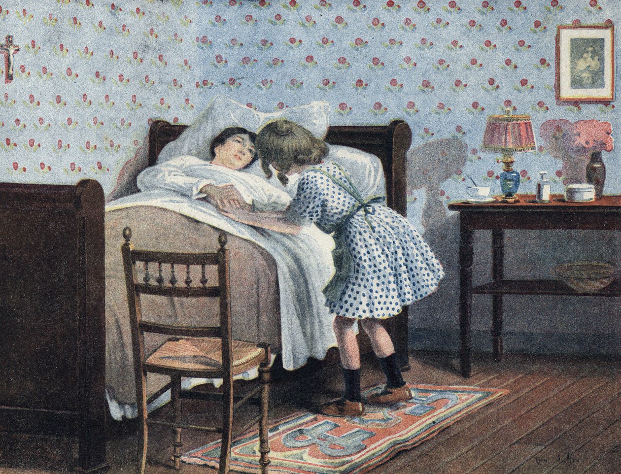 Ein kleines Mädchen am Bett ihrer kranken Mutter wartet auf ihren Krieg. Illustration von Robert Salles (1871-1929) in „Je sais Lire“ von Robert Salles