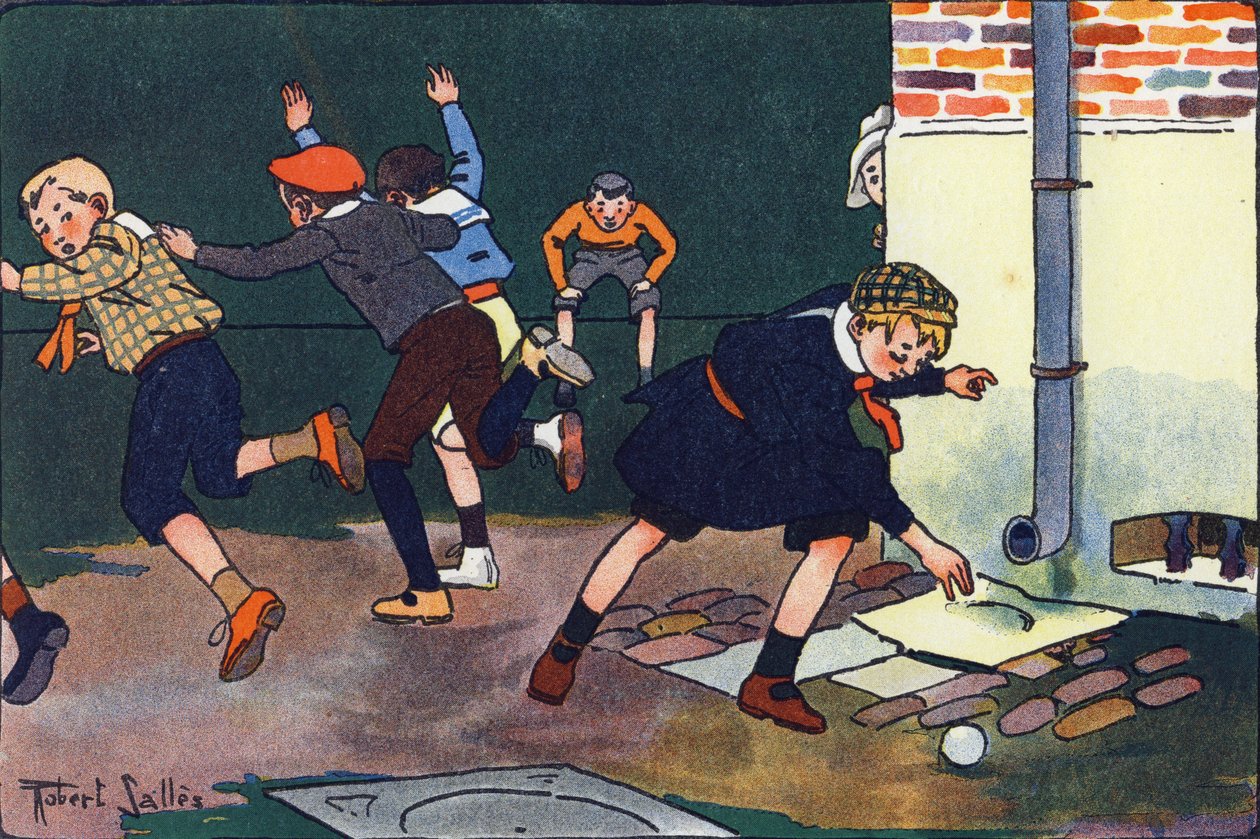 Kugel an der Wand. Gravur in "Was spielen wir?" von E. Weber mit Aquarellzeichnungen von Robert Salles (1871-1929). Librairie Garnier Frères, Paris. von Robert Salles