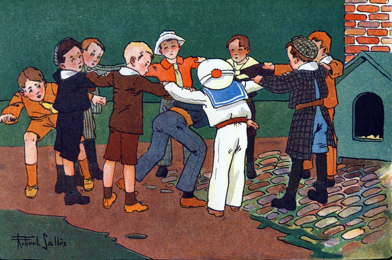 Katze und Maus. Gravur in "Was spielen wir?" von E. Weber mit Aquarellzeichnungen von Robert Salles (1871-1929). Librairie Garnier Freres, Paris von Robert Salles