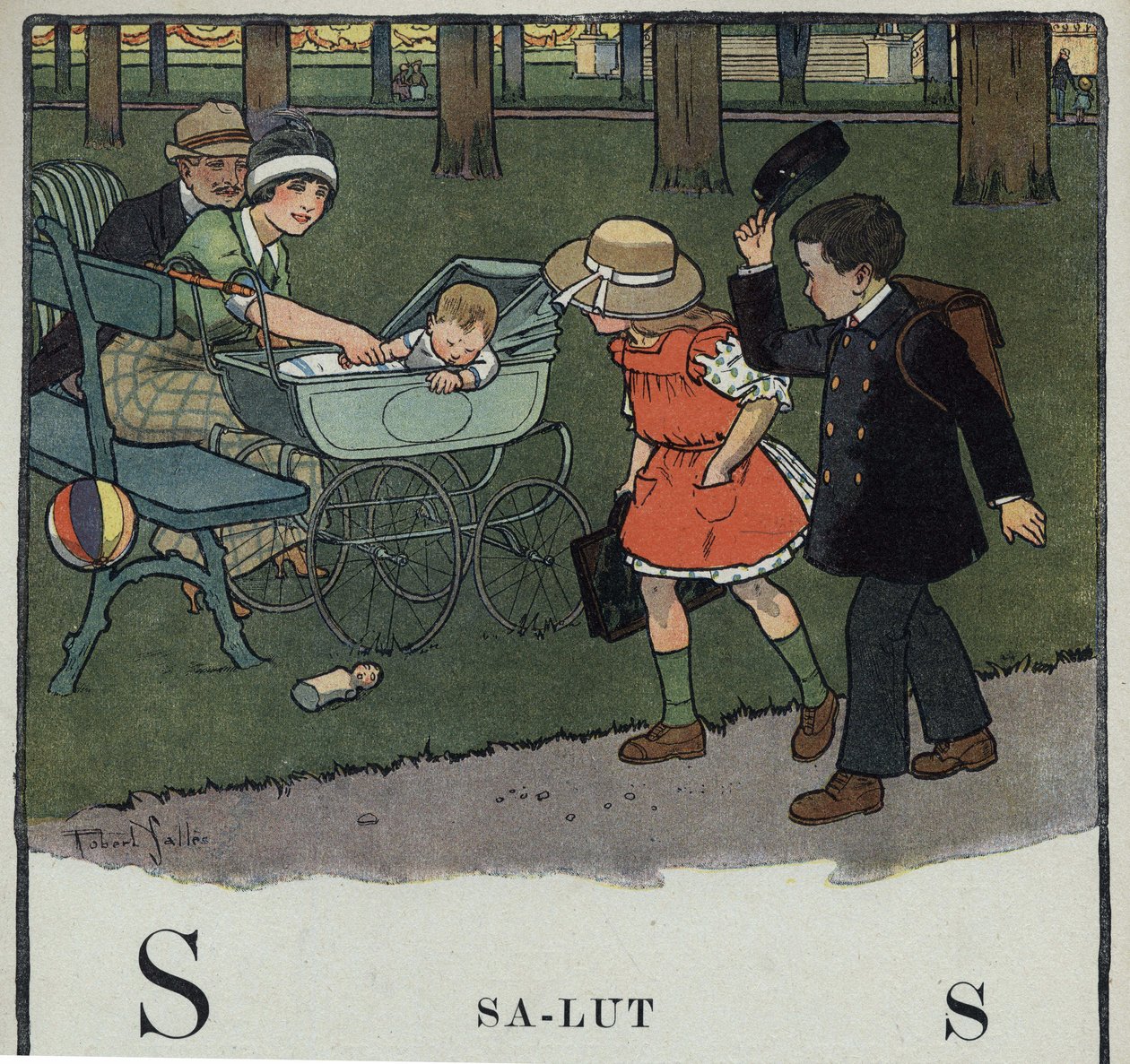 Kinderbuch „Ich werde lesen - Methodisches und lustiges Alphabet von einem Vater“ 1926. Illustration von Robert Salles (1871-1929). Abecedarium: Buchstabe S wie Salut. Ein Junge grüßt ein Paar und ihr Baby, indem er seine Mütze hebt. von Robert Salles